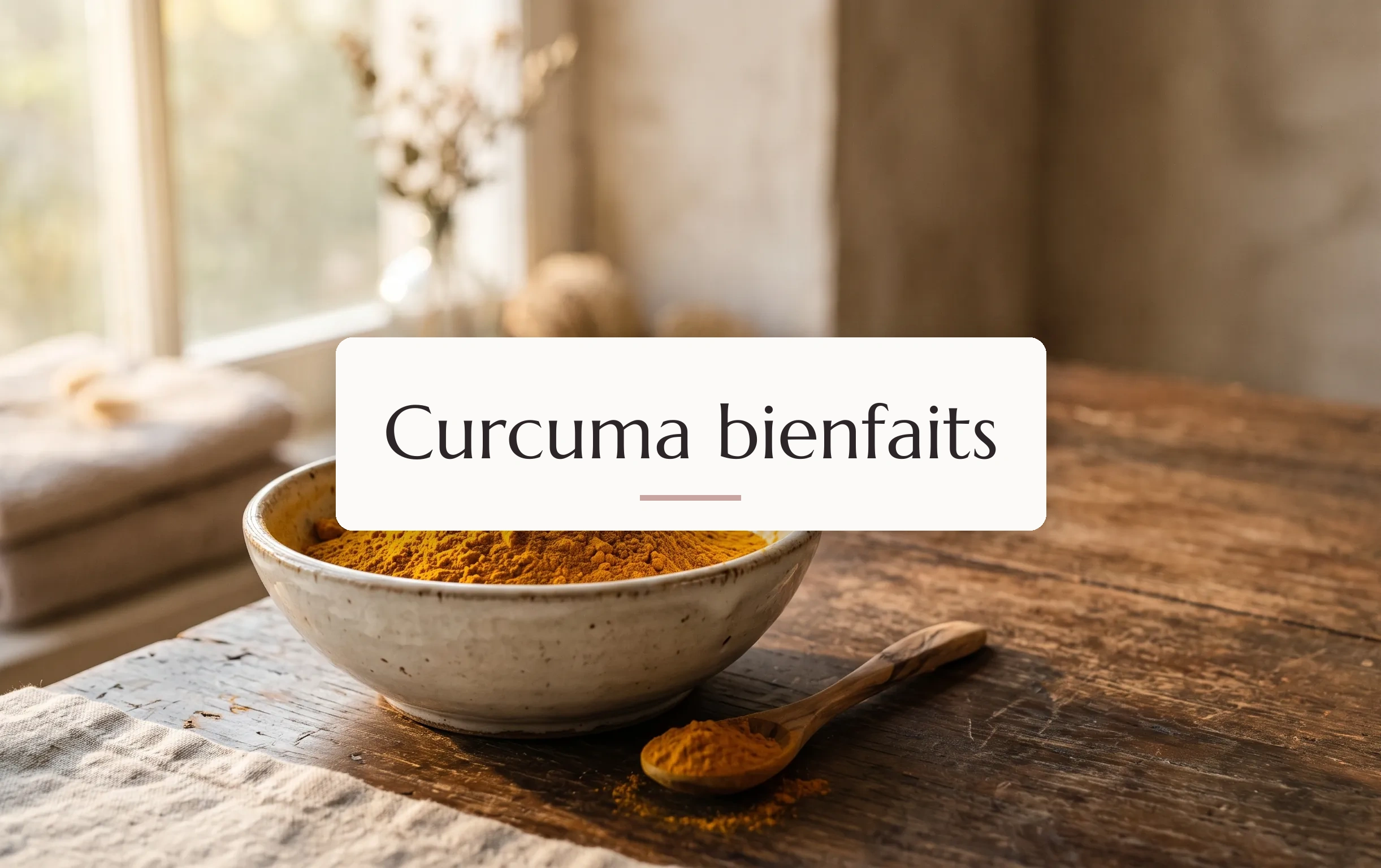 poudre de curcuma aux vertus bénéfiques placée dans un bol en céramique sobre