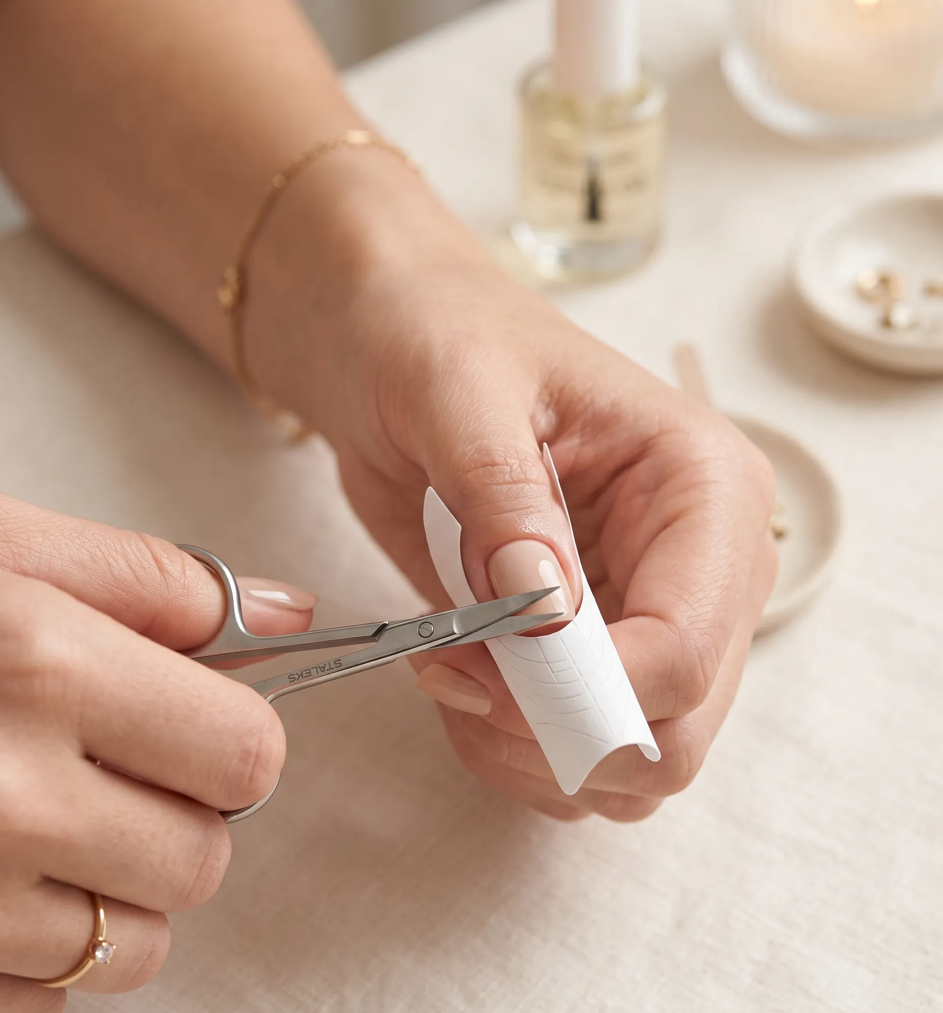 Découpe sur-mesure et adaptation de la forme du chablon pour épouser parfaitement le doigt.