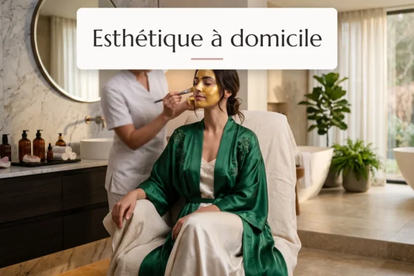 femme en peignoir de soie profitant d'un soin esthétique à domicile dans un intérieur raffiné