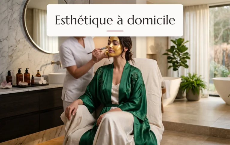 femme en peignoir de soie profitant d'un soin esthétique à domicile dans un intérieur raffiné