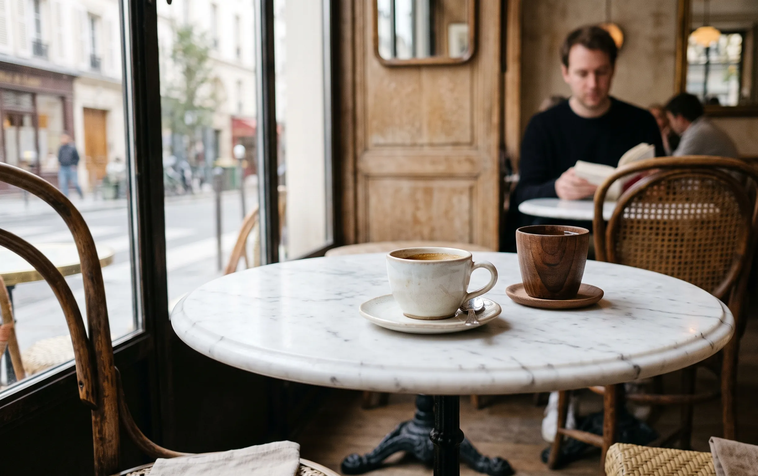 tasse à expresso posée sur une table en marbre dans une ambiance parisienne très minimaliste