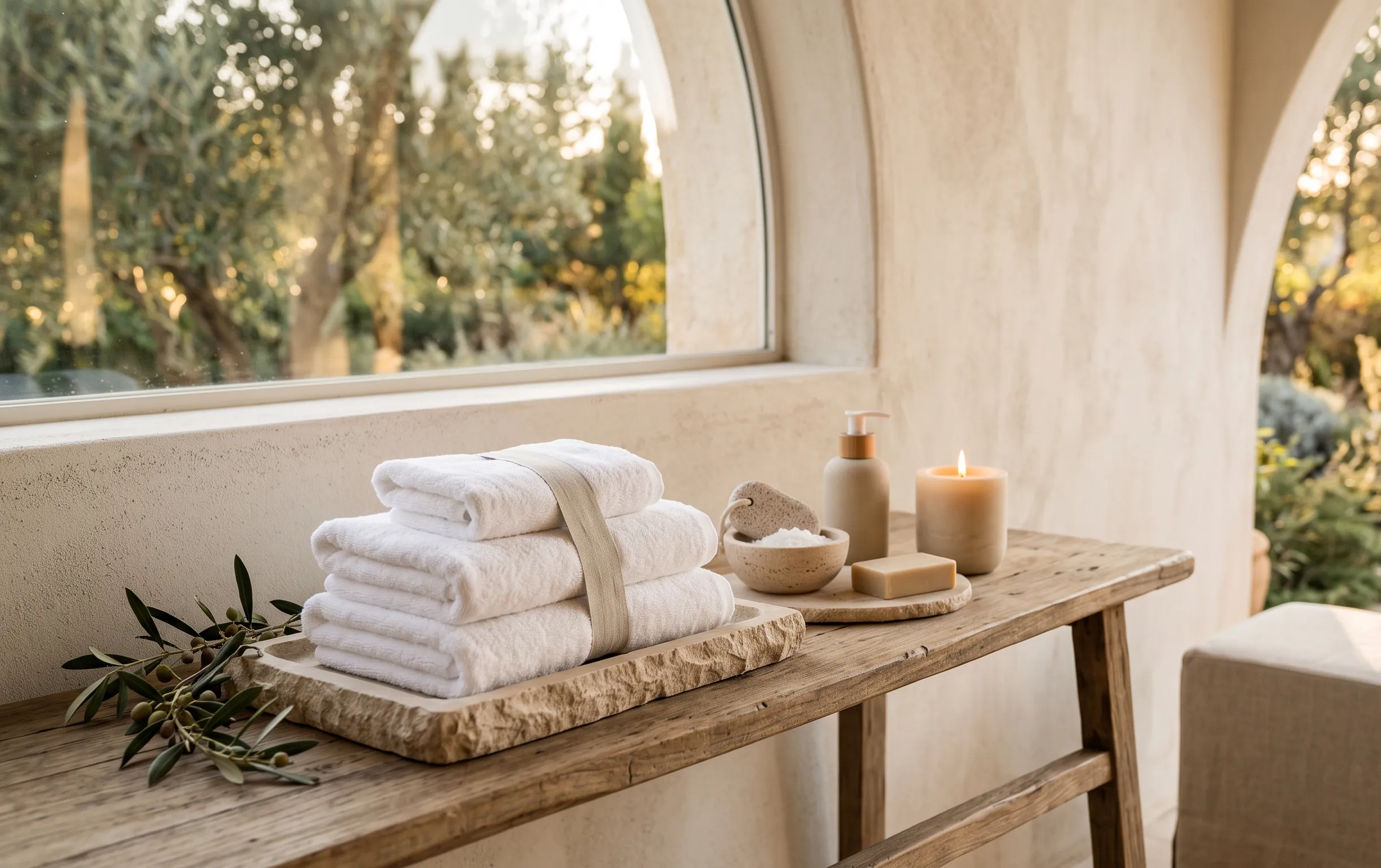 serviettes blanches et accessoires en pierre beige disposés harmonieusement pour un moment de soin détente
