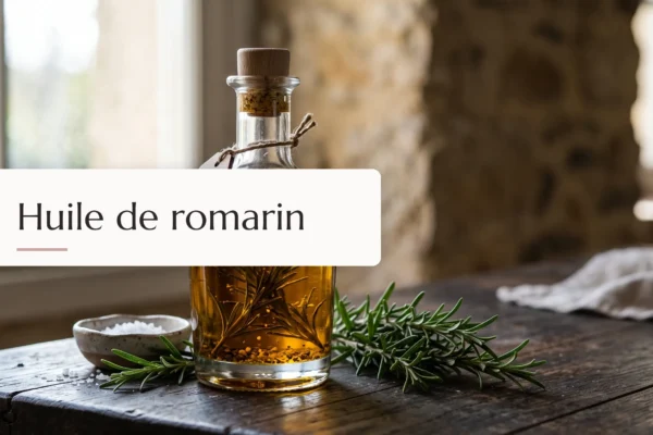 flacon précieux d'huile de romarin pour favoriser la pousse des cheveux dans un cadre raffiné