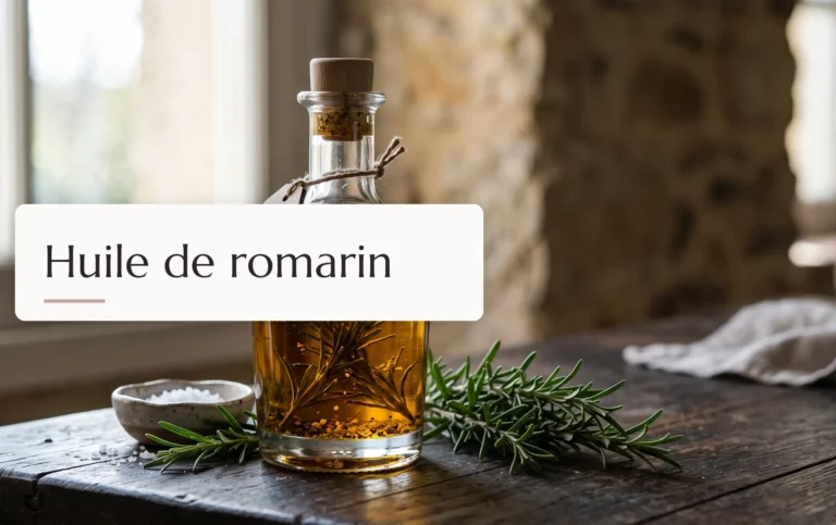 flacon précieux d'huile de romarin pour favoriser la pousse des cheveux dans un cadre raffiné
