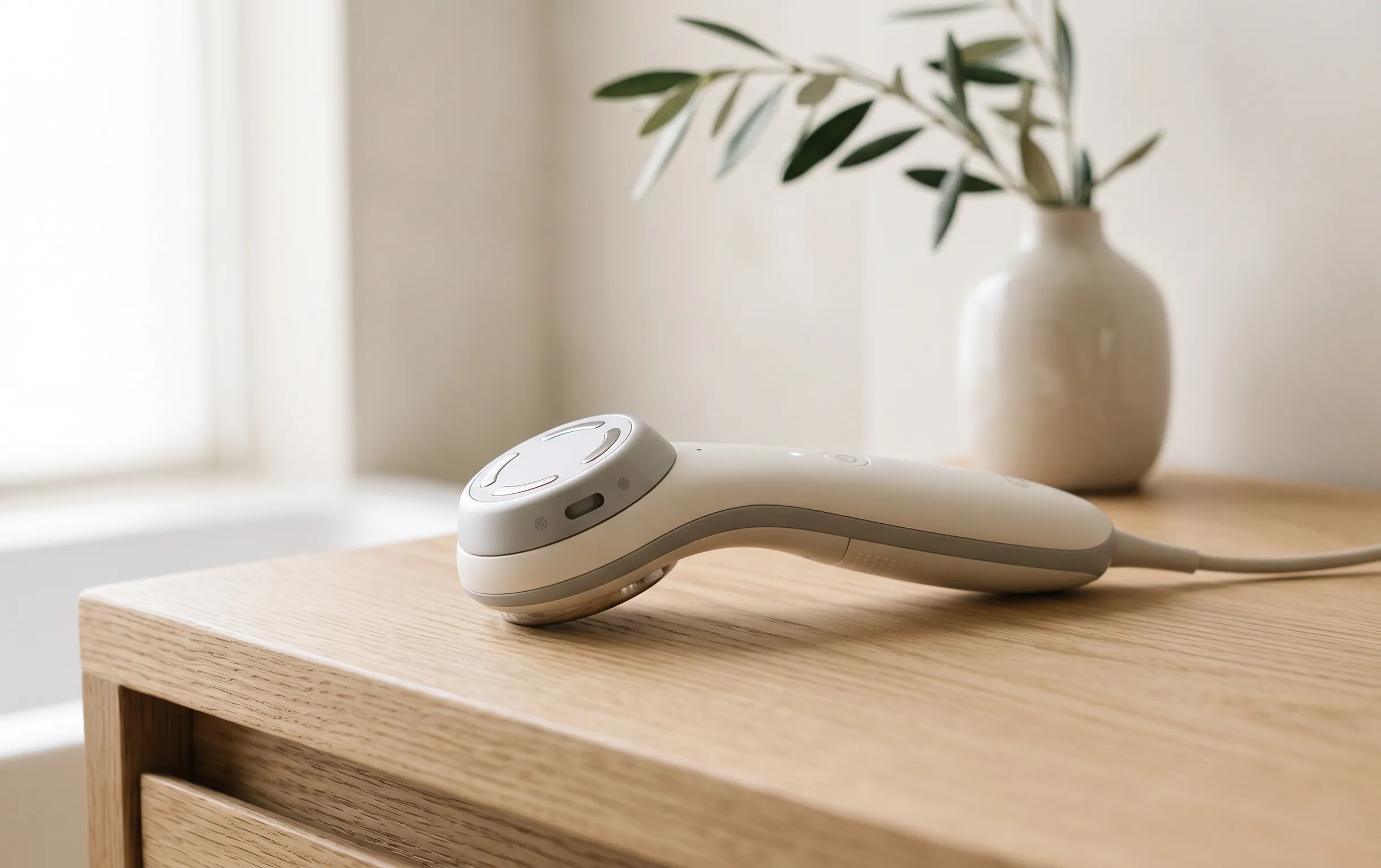 appareil technologique de soin du visage posé sur un support en bois clair épuré