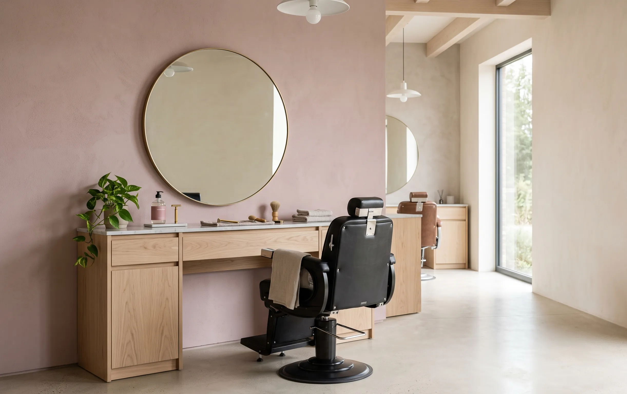 intérieur de salon de coiffure minimaliste et luxueux aux tons neutres baigné d'une lumière douce et naturelle