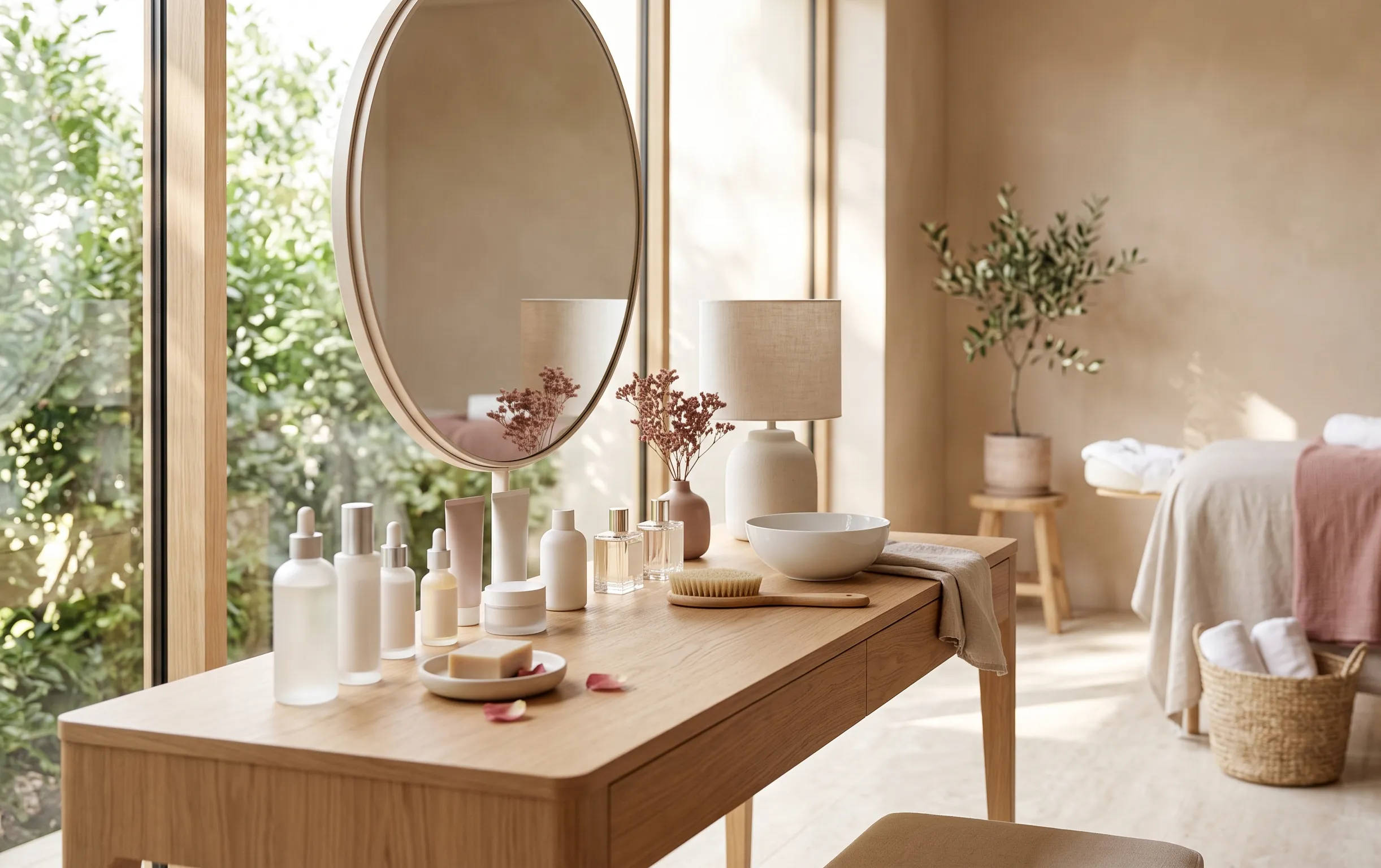 Espace spa minimaliste aux tons beiges et bois clair baigné d'une lumière naturelle chaleureuse