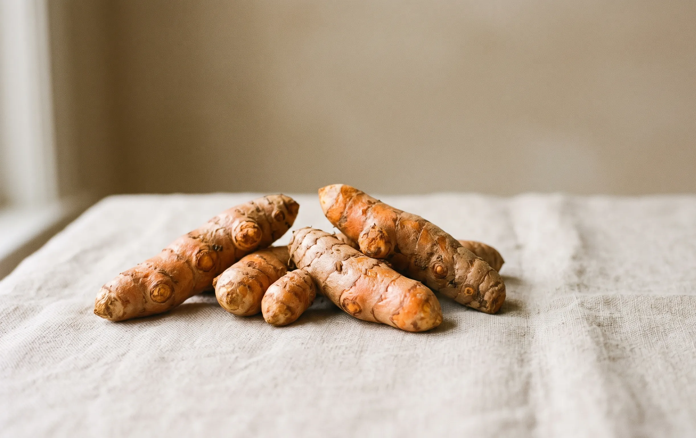 racines de curcuma frais disposées de manière artistique sur un fond neutre et épuré