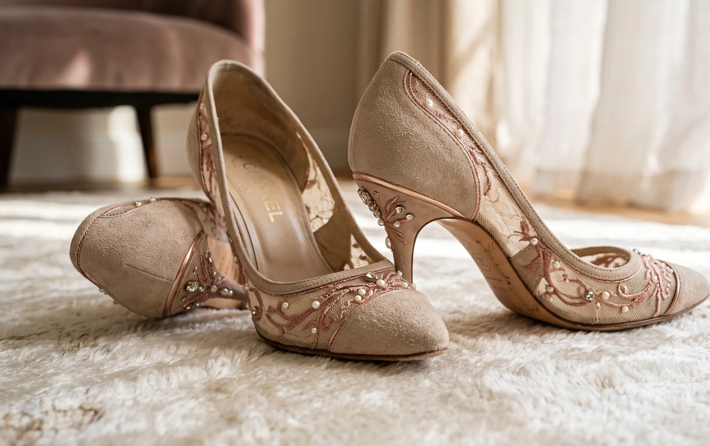 Escarpins de luxe sur tapis de soie pour illustrer le défi des talons XXL et la souffrance des fashionistas.