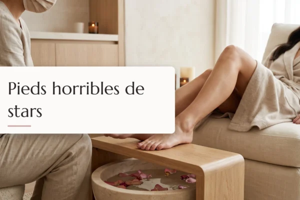Photographie éditoriale de luxe pour un article sur les soins et la beauté des pieds de célébrités dans un spa minimaliste.
