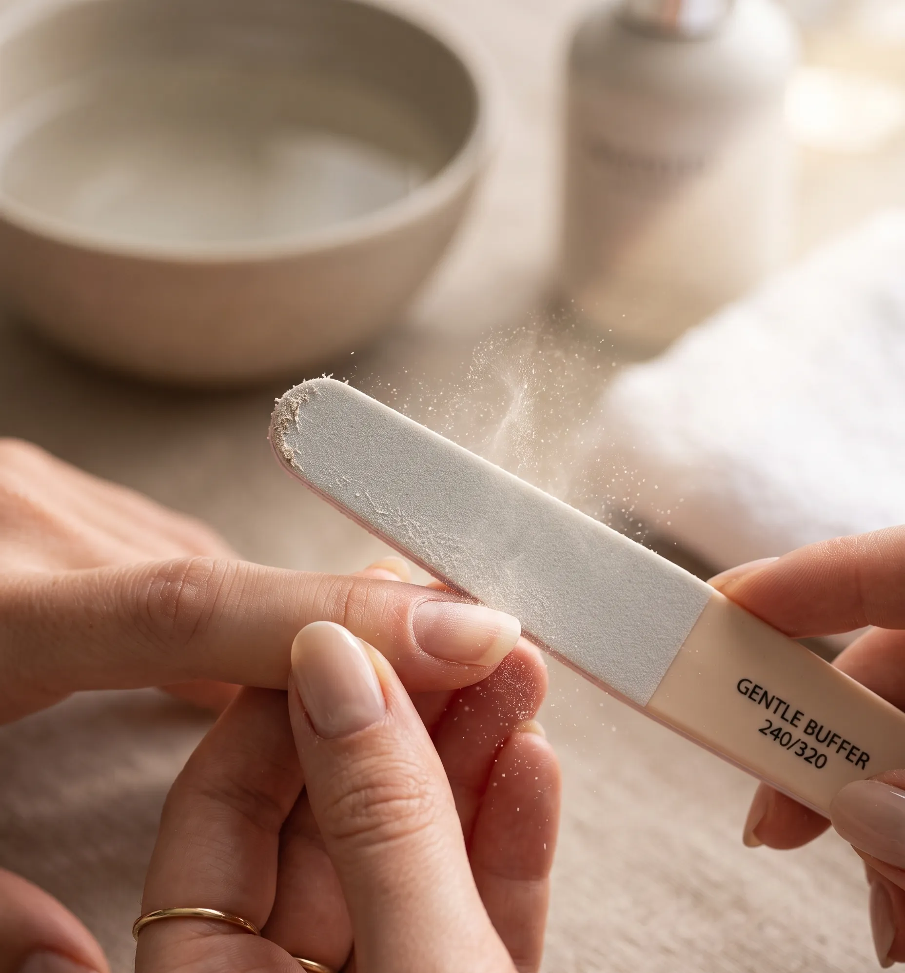 Le ponçage doux de la surface de l'ongle pour assurer une parfaite adhésion du chablon.