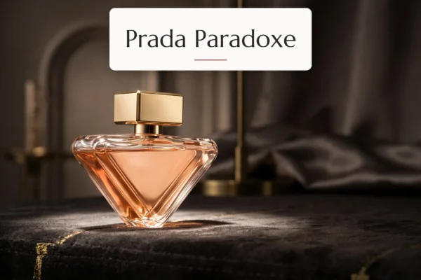 bouteille sophistiquée de prada paradoxe illuminée par un faisceau de lumière flatteur