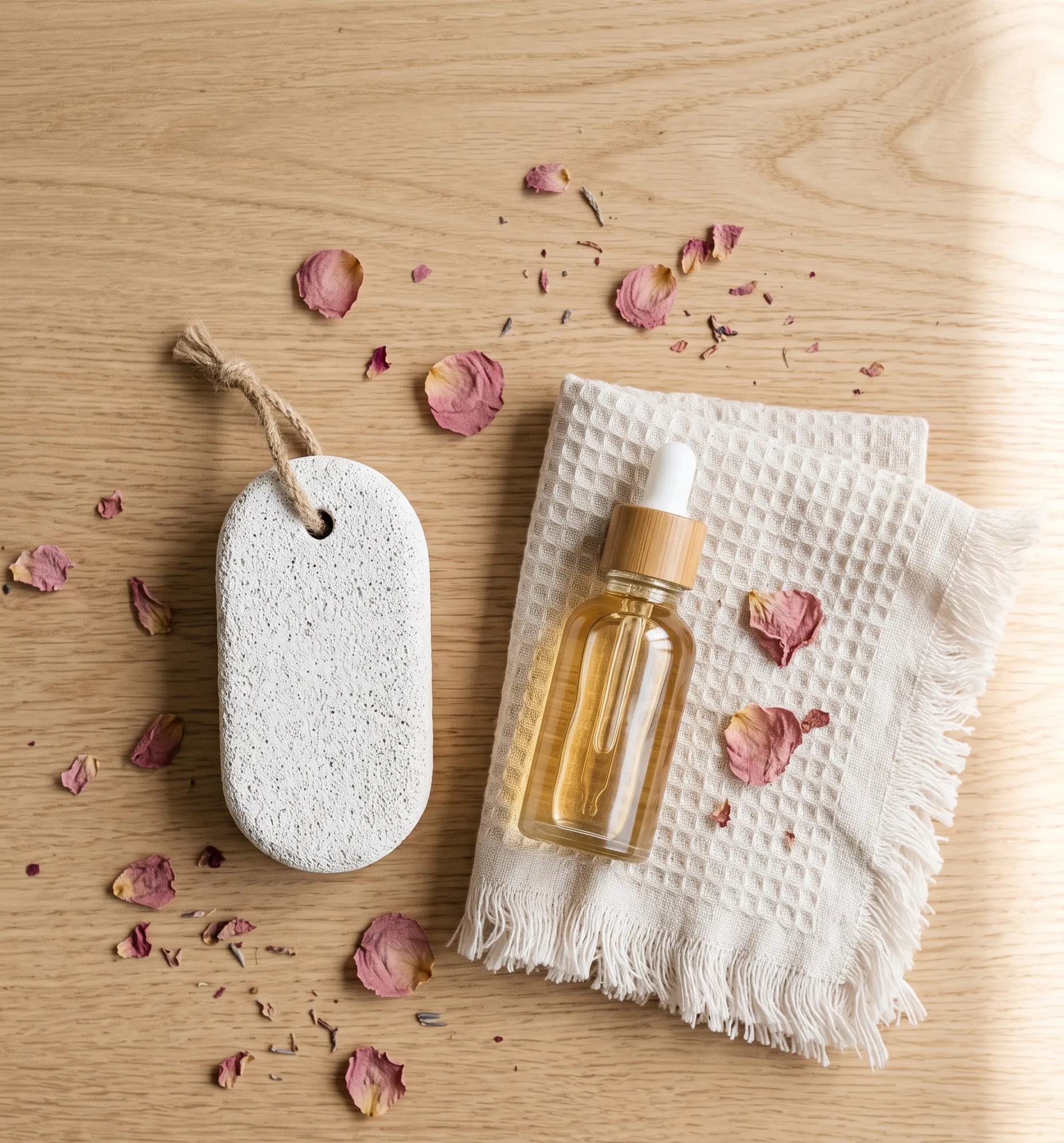 Composition artistique par-dessus de produits de soin quotidiens pour des pieds parfaits et sans complexes.