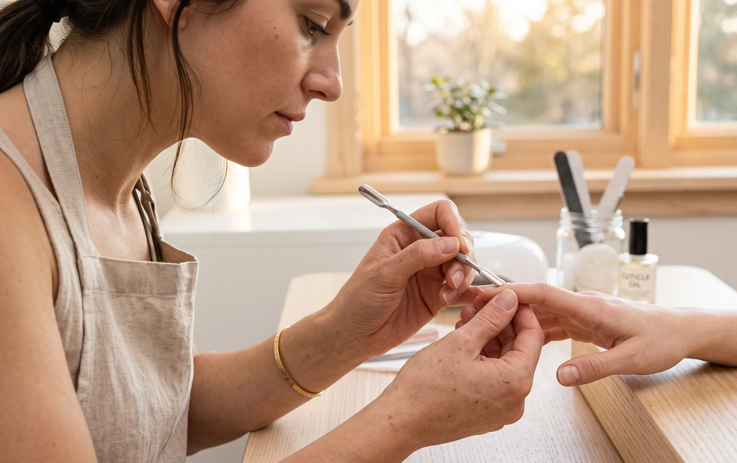 Étape de préparation minutieuse de l'ongle naturel avant la pose d'un chablon.