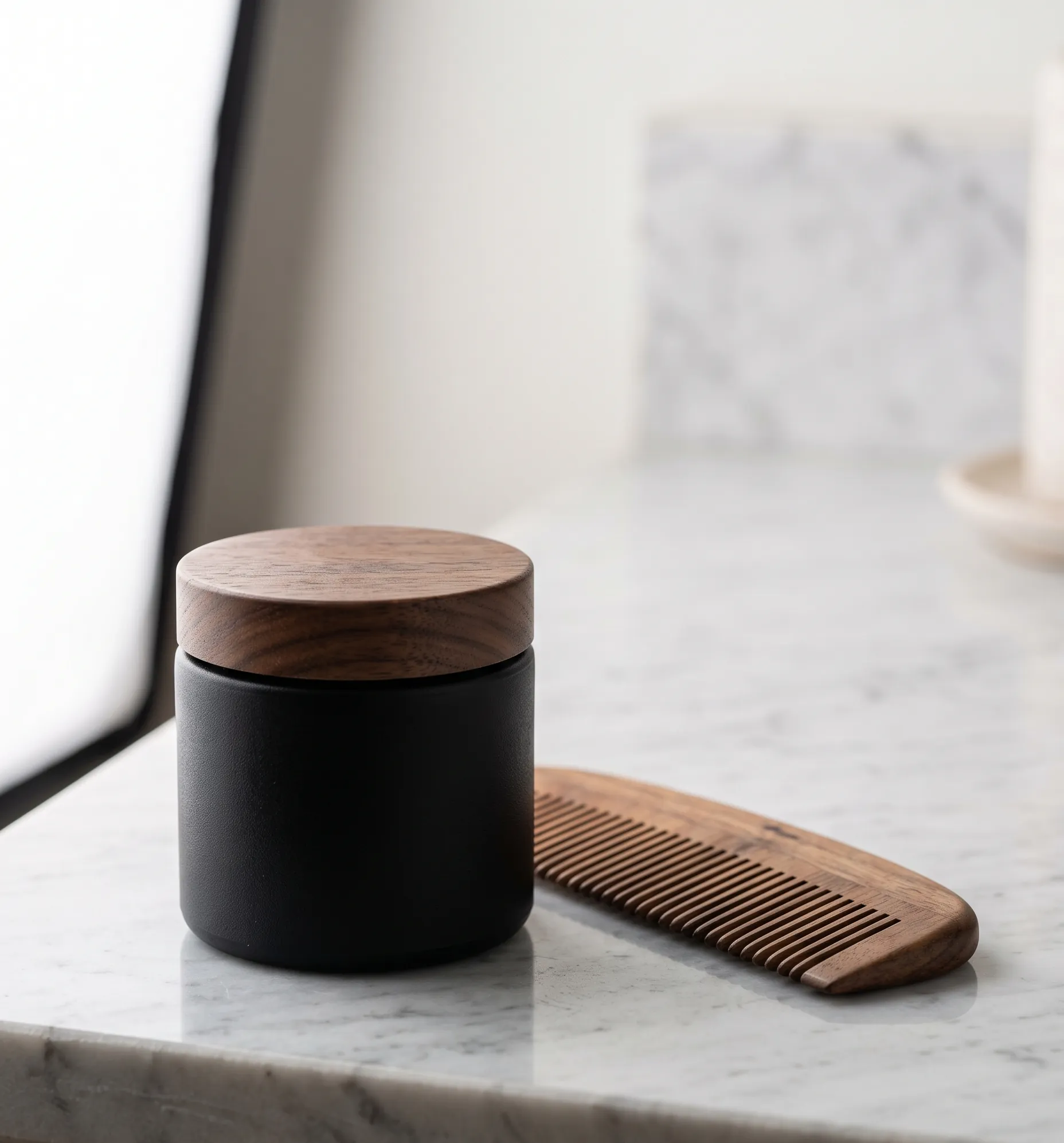 pot de cire coiffante mate et peigne en bois disposés élégamment sur une surface en marbre clair