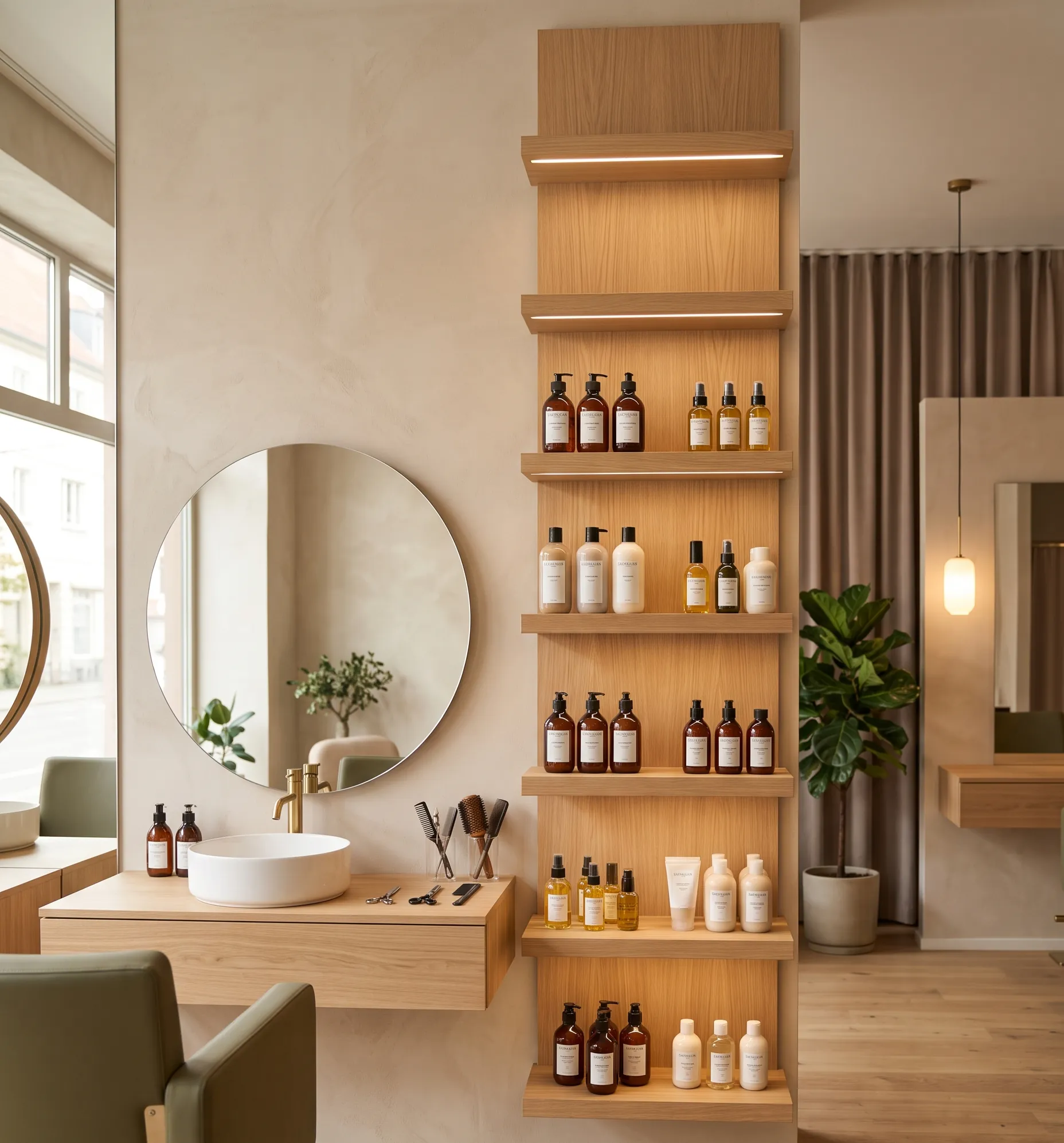 Étagères en chêne clair d'un salon de coiffure haut de gamme présentant des flacons de soins capillaires