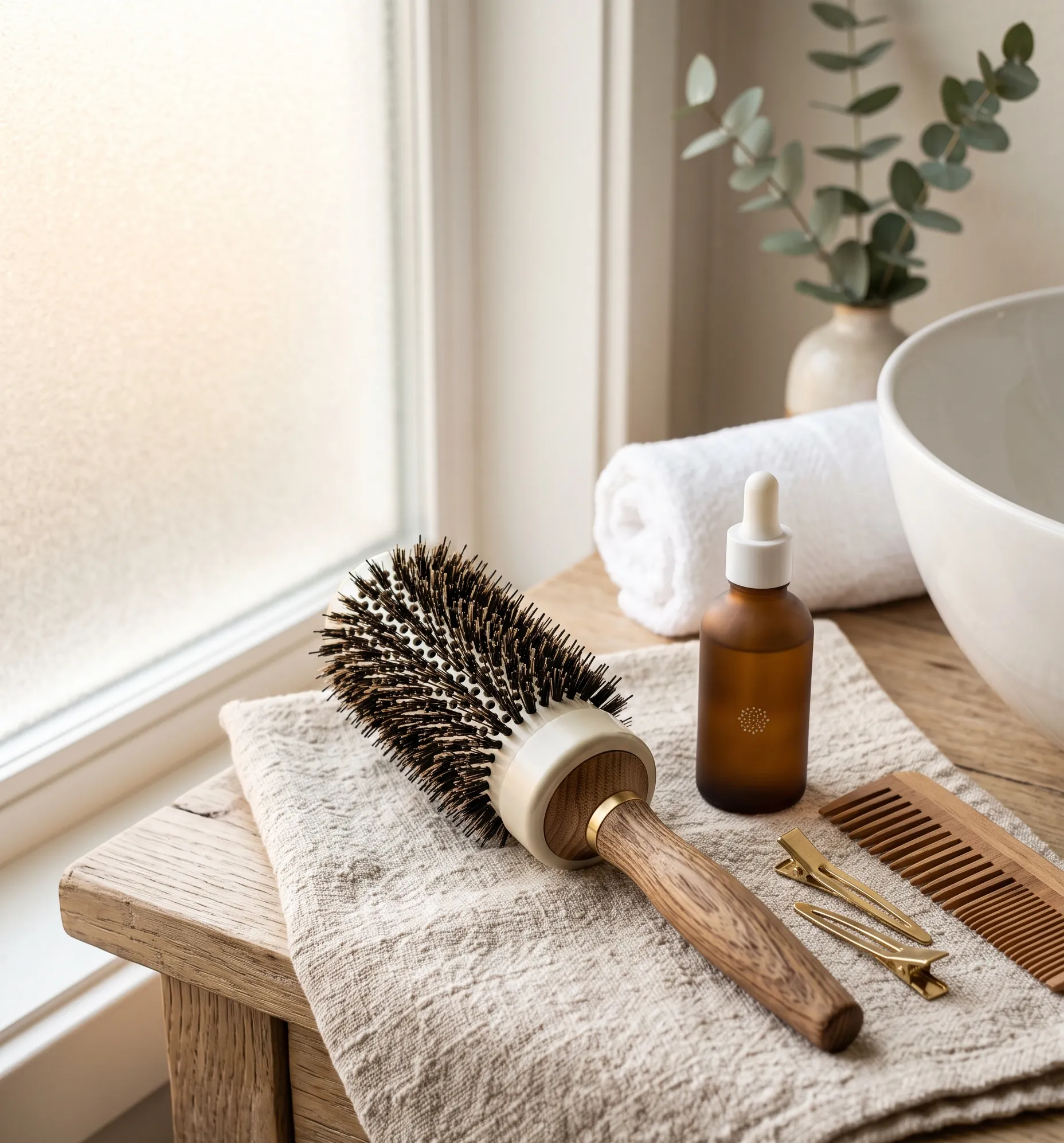 Brosse de coiffage ronde posée sur un linge en lin beige texturé sous une douce lumière matinale