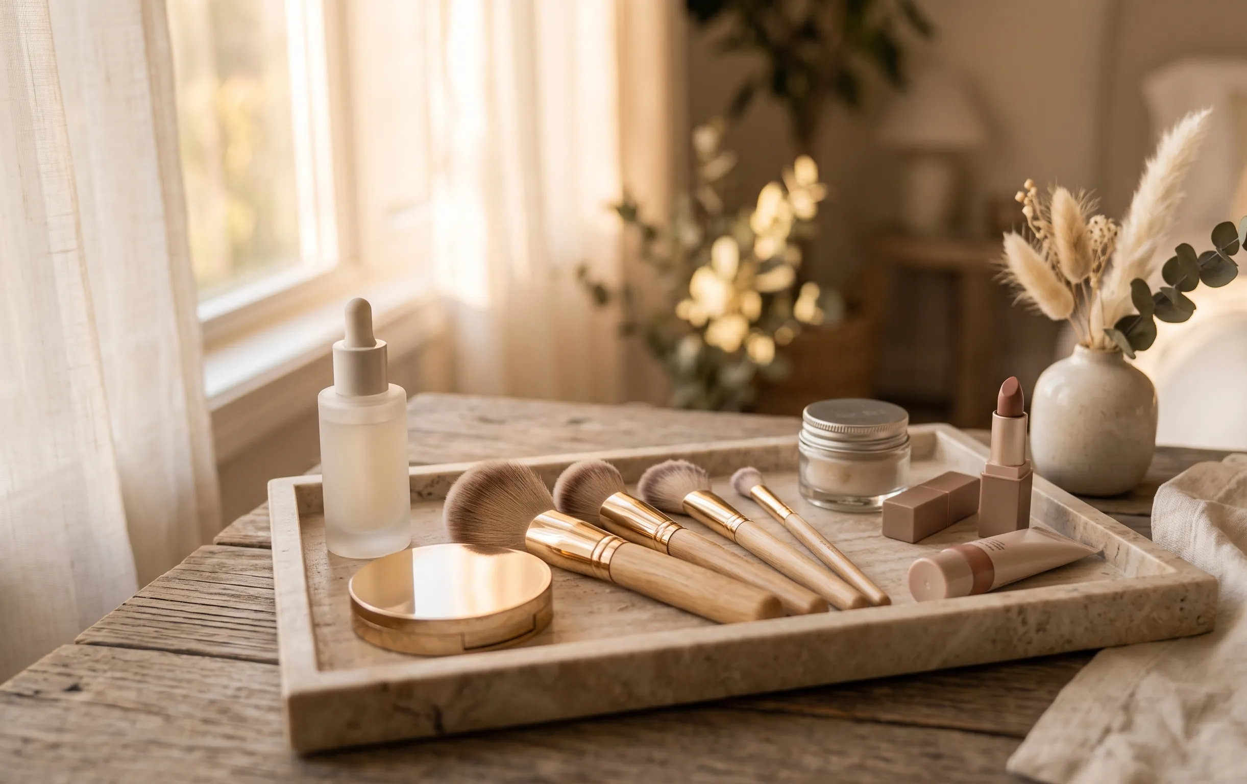 pinceaux de maquillage et cosmétiques de luxe organisés sur un plateau minimaliste