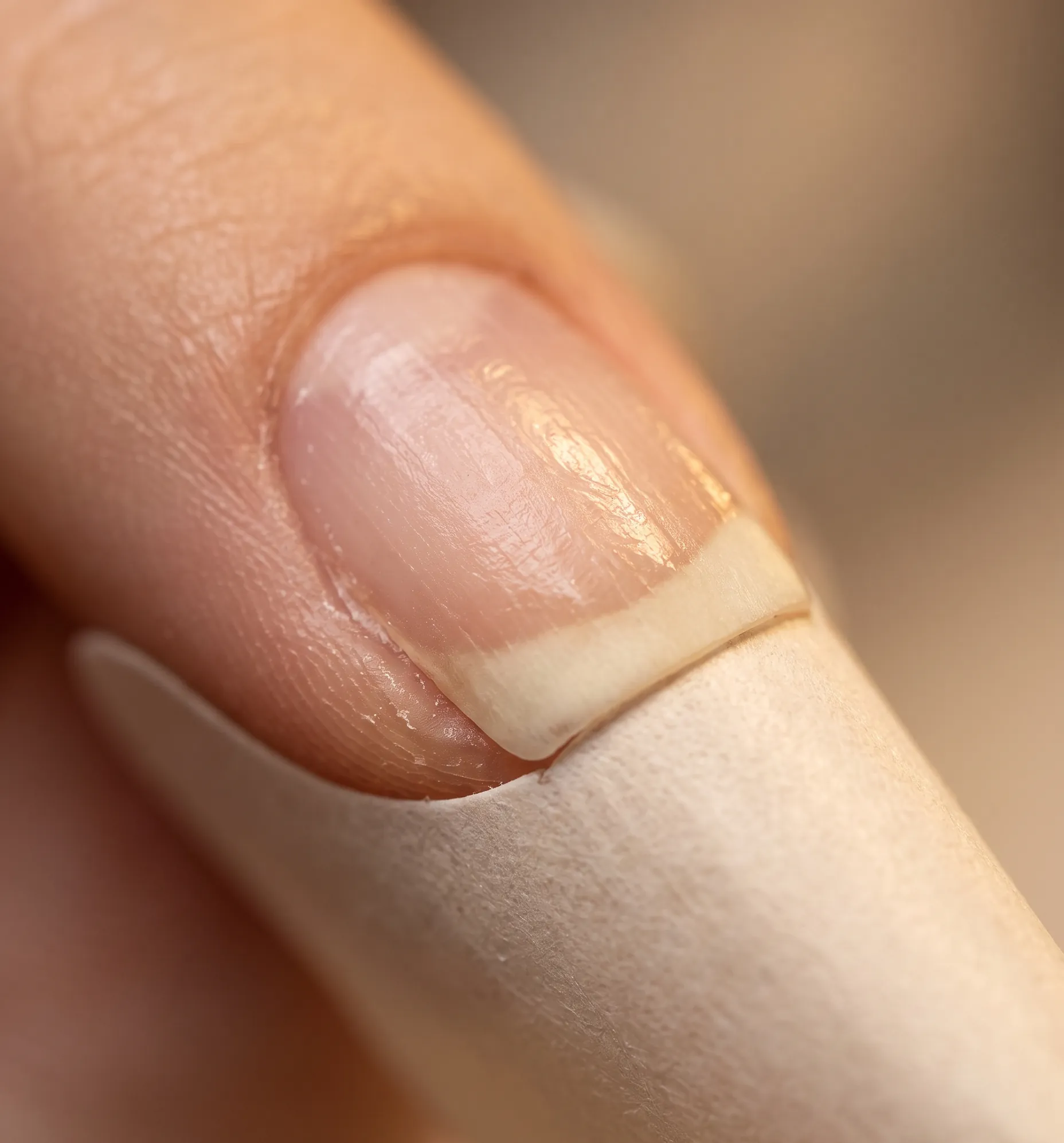 Contrôle minutieux de l'absence d'espace vide entre le chablon et l'ongle naturel.