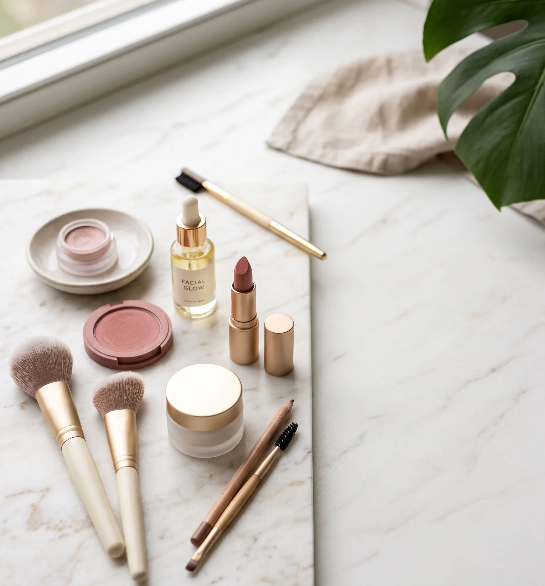 pinceaux de maquillage délicatement disposés sur un plan de travail minimaliste aux tons poudrés