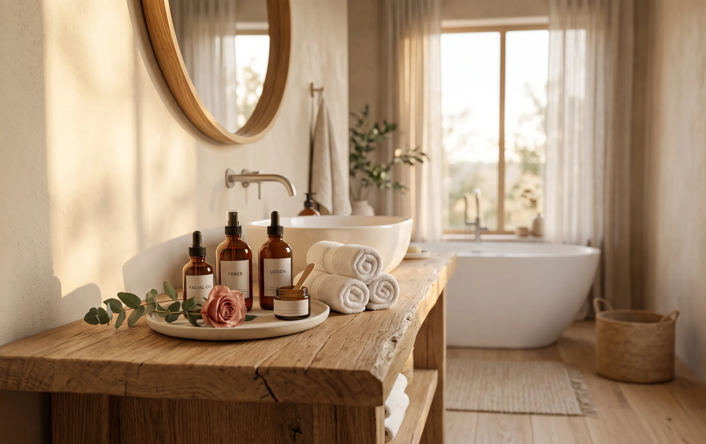 bain minimaliste luxueux aux tons beige et bois clair avec des flacons de soins et une douce lumière naturelle