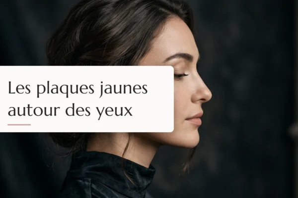 gros plan éditorial sur le visage d'une femme à la peau lumineuse mettant en valeur les contours des yeux pour traiter les plaques jaunes autour des yeux