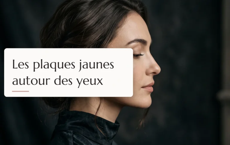 gros plan éditorial sur le visage d'une femme à la peau lumineuse mettant en valeur les contours des yeux pour traiter les plaques jaunes autour des yeux