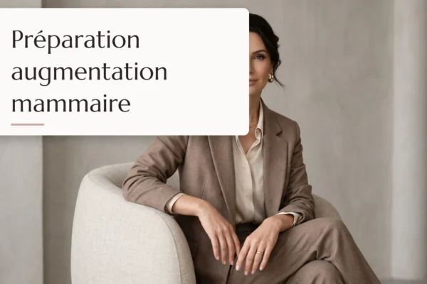 portrait de mode sophistiqué d'une femme élégante dans un studio lumineux évoquant la préparation augmentation mammaire