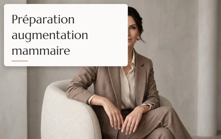 portrait de mode sophistiqué d'une femme élégante dans un studio lumineux évoquant la préparation augmentation mammaire